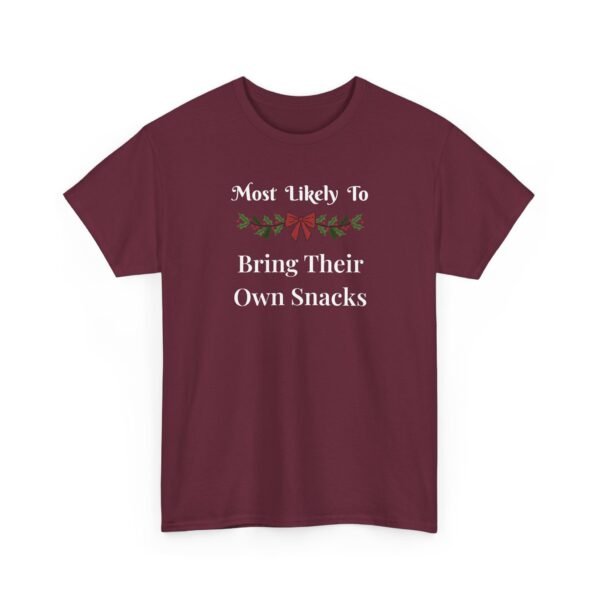 Unisex t-shirt from Twisted Angell with the sarcastic phrase “Most Likely To Bring Their Own Snacks” printed on the front.