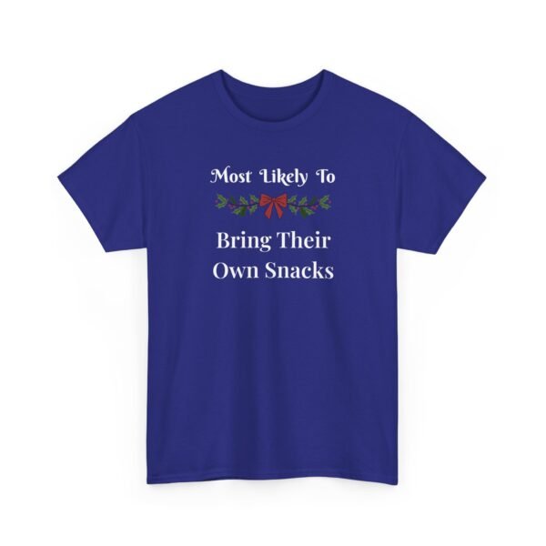 Unisex t-shirt from Twisted Angell with the sarcastic phrase “Most Likely To Bring Their Own Snacks” printed on the front.