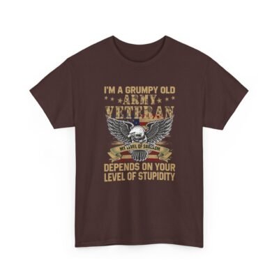 Unisex t-shirt from Twisted Angell with the sarcastic phrase “I'm A Grumpy Old Army Veteran, My Level Of Sarcasm Depends On Your Level Of Stupidity” printed on the front.