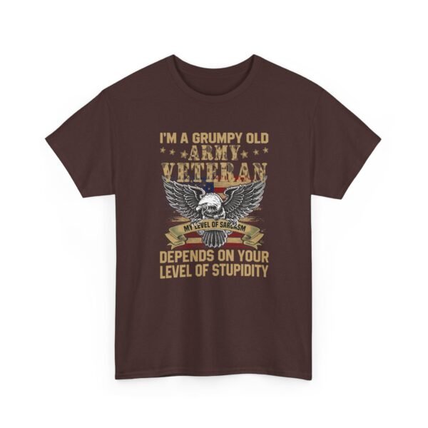 Unisex t-shirt from Twisted Angell with the sarcastic phrase “I'm A Grumpy Old Army Veteran, My Level Of Sarcasm Depends On Your Level Of Stupidity” printed on the front.