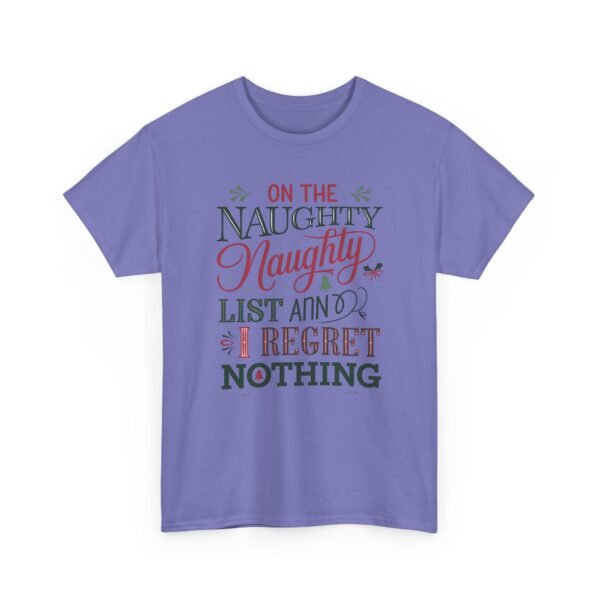 Unisex t-shirt from Twisted Angell with the sarcastic phrase “On The Naughty Naughty List and Regret Nothing” printed on the front.