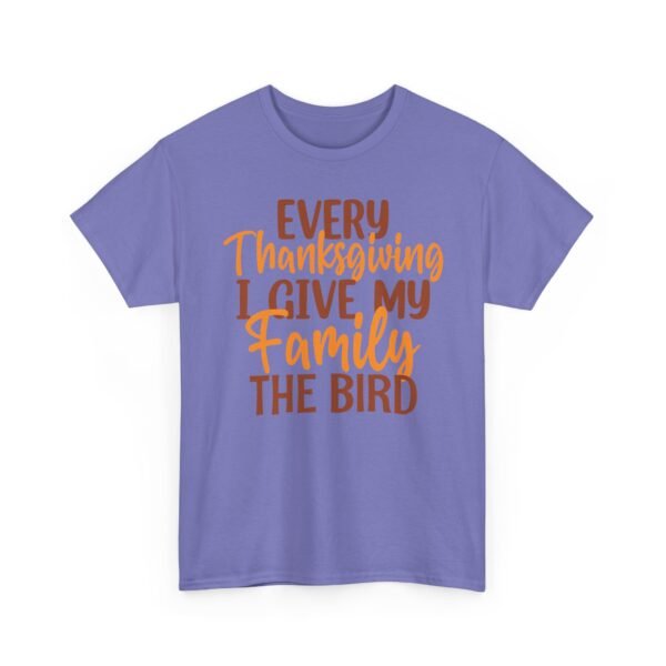 Unisex t-shirt from Twisted Angell with the sarcastic phrase “Every Thanksgiving I Give My Family The Bird” printed on the front.