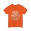 Unisex t-shirt from Twisted Angell with the sarcastic phrase “I'm Not Always Annoyed, Sometimes I'm Asleep” printed on the front.