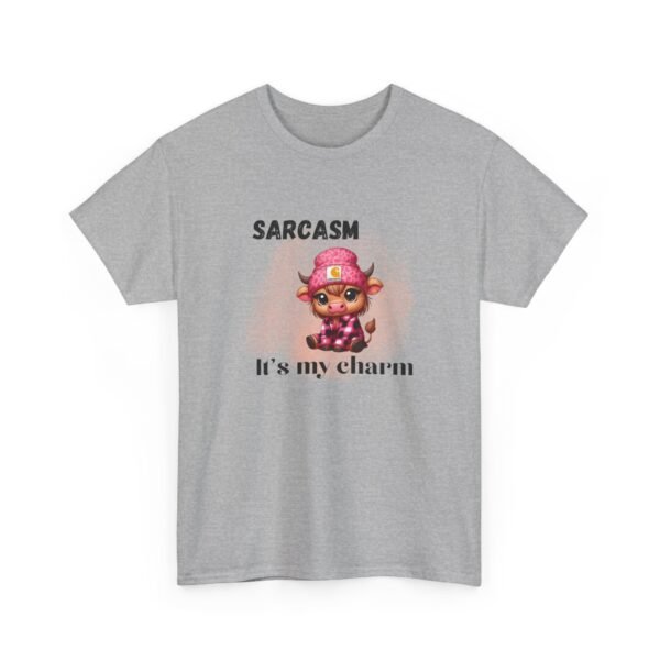 Unisex t-shirt from Twisted Angell with the sarcastic phrase “Sarcasm Is My Charm” printed on the front.
