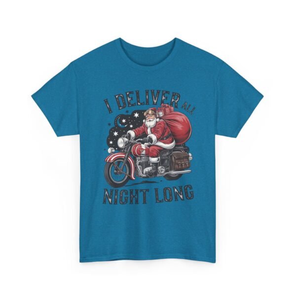Unisex t-shirt from Twisted Angell with the sarcastic phrase “I Deliver All Night Long - Santa On Motorcycle” printed on the front.