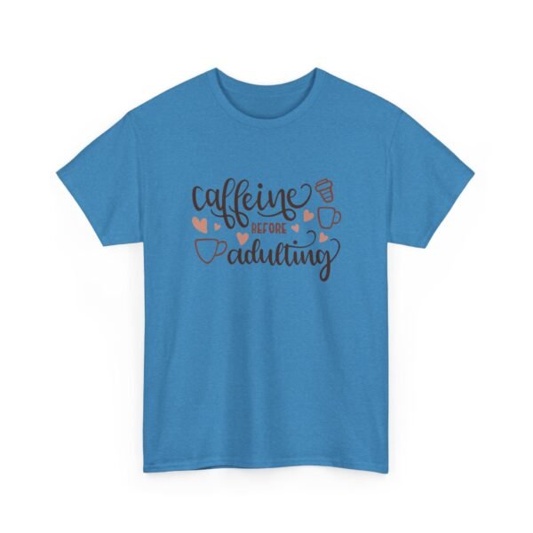 Unisex t-shirt from Twisted Angell with the sarcastic phrase “Caffeine Before Adulting” printed on the front.