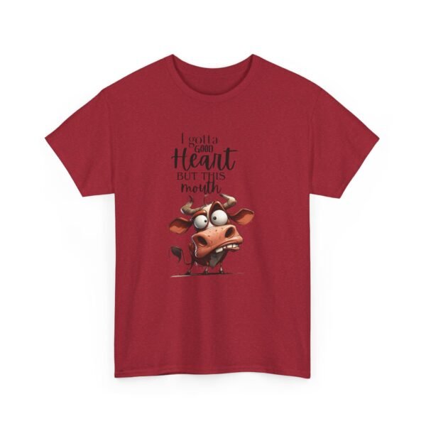 327784100693389442_2048-1.jpeg Unisex t-shirt from Twisted Angell with the sarcastic phrase “I Gotta Good Heart But This Mouth - Cow” printed on the front.