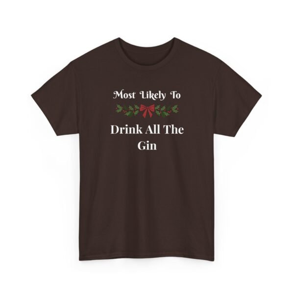Unisex t-shirt from Twisted Angell with the sarcastic phrase “Most Likely To Drink All The Gin” printed on the front.