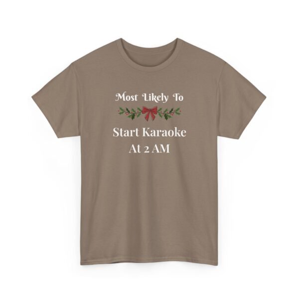 3339394944460122418_2048.jpeg Unisex t-shirt from Twisted Angell with the sarcastic phrase “Most Likely to Start Karaoke at 2 AM” printed on the front.