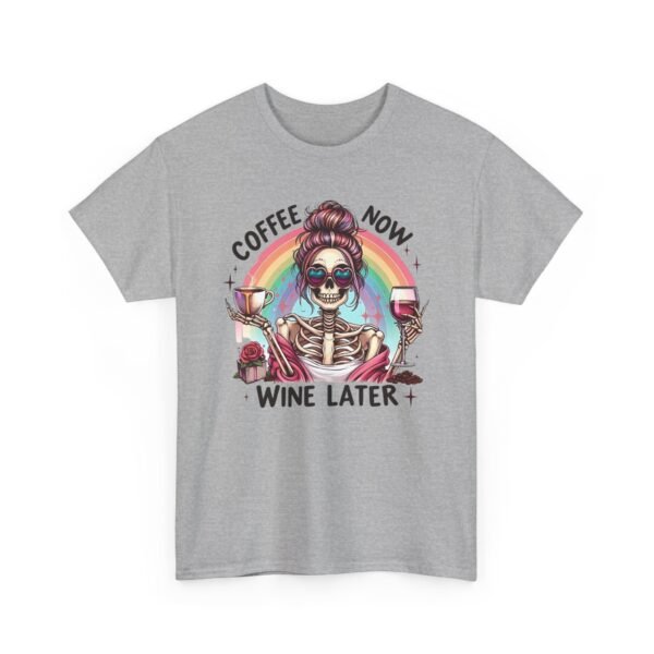 Unisex t-shirt from Twisted Angell with the sarcastic phrase “Coffee Now, Wine Later” printed on the front.