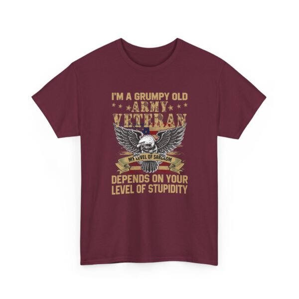 Unisex t-shirt from Twisted Angell with the sarcastic phrase “I'm A Grumpy Old Army Veteran, My Level Of Sarcasm Depends On Your Level Of Stupidity” printed on the front.