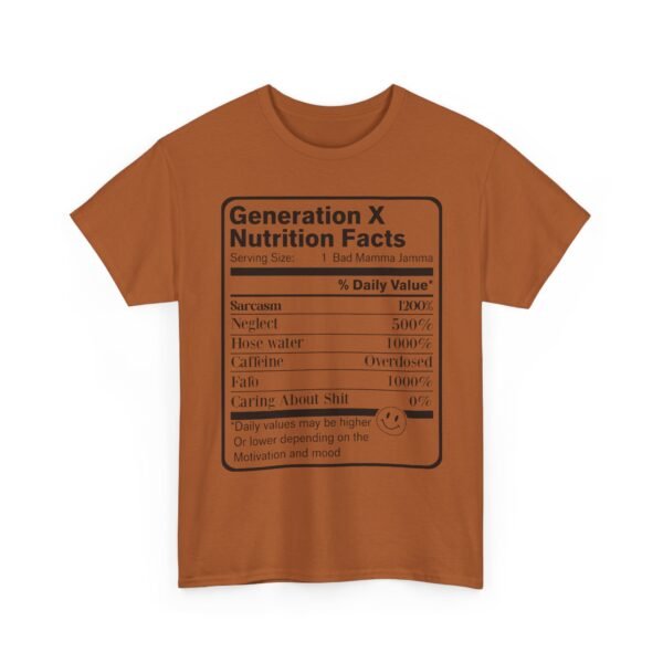 Unisex t-shirt from Twisted Angell with the sarcastic phrase “Generation X Nutrition Facts” printed on the front.