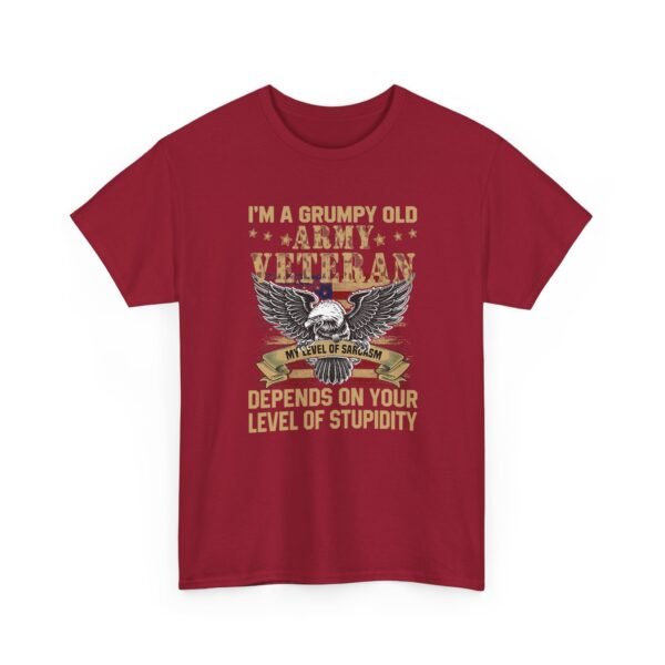 Unisex t-shirt from Twisted Angell with the sarcastic phrase “I'm A Grumpy Old Army Veteran, My Level Of Sarcasm Depends On Your Level Of Stupidity” printed on the front.