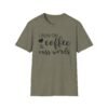 Unisex t-shirt from Twisted Angell with the sarcastic phrase “I Run on Coffee and Cuss Words” printed on the front.