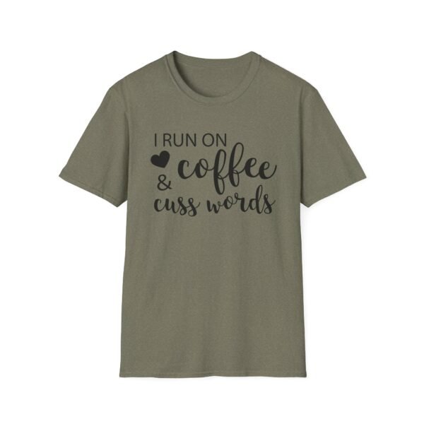 Unisex t-shirt from Twisted Angell with the sarcastic phrase “I Run on Coffee and Cuss Words” printed on the front.