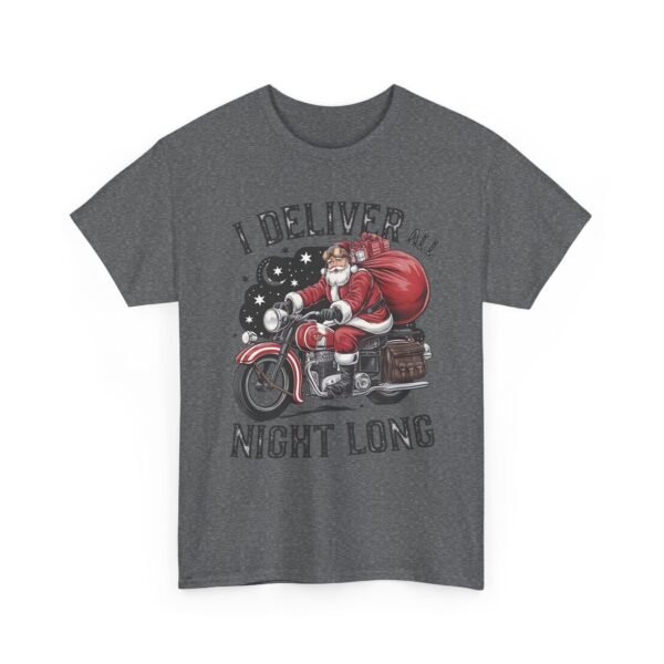 Unisex t-shirt from Twisted Angell with the sarcastic phrase “I Deliver All Night Long - Santa On Motorcycle” printed on the front.