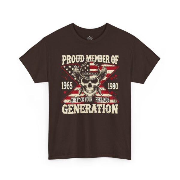 3734953526962541043_2048.jpeg Unisex t-shirt from Twisted Angell with the sarcastic phrase “Proud Member of the 1965–1980 Generation X — Skull & American Flag” printed on the front.