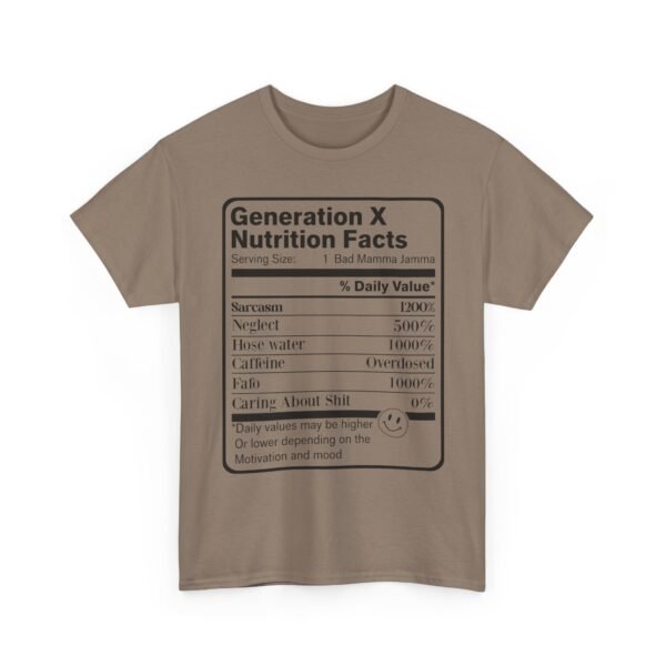 Unisex t-shirt from Twisted Angell with the sarcastic phrase “Generation X Nutrition Facts” printed on the front.
