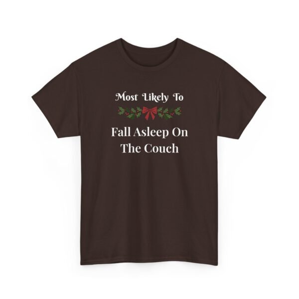 Unisex t-shirt from Twisted Angell with the sarcastic phrase “Most Likely To Fall Asleep On The Couch” printed on the front.