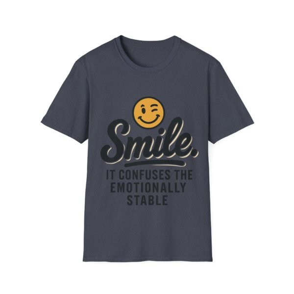 Unisex t-shirt from Twisted Angell with the sarcastic phrase “Smile. It confuses the emotionally stable” printed on the front.