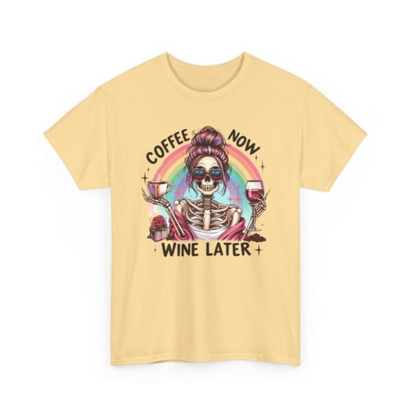 Unisex t-shirt from Twisted Angell with the sarcastic phrase “Coffee Now, Wine Later” printed on the front.