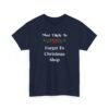 Unisex t-shirt from Twisted Angell with the sarcastic phrase “Most Likely To Forget To Christmas Shop” printed on the front.