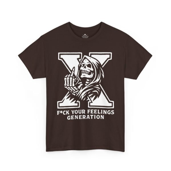 Unisex t-shirt from Twisted Angell with the sarcastic phrase “F*ck Your Feelings Generation” printed on the front.