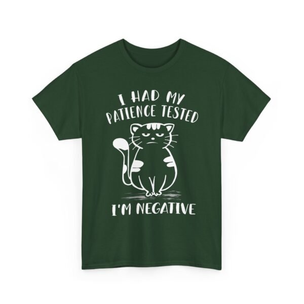 Unisex t-shirt from Twisted Angell with the sarcastic phrase “I Had My Patience Tested, I'm Negative” printed on the front.