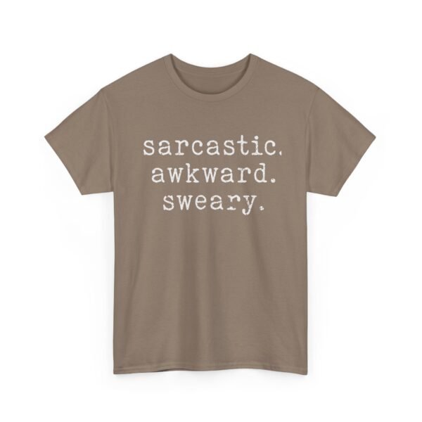 Unisex t-shirt from Twisted Angell with the sarcastic phrase “Sarcastic Awkward Sweary” printed on the front.