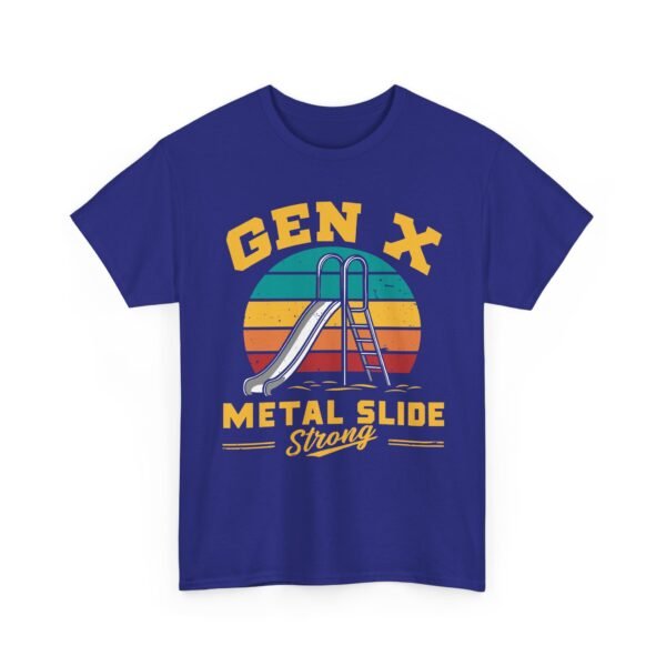 Unisex t-shirt from Twisted Angell with the sarcastic phrase “Gen X Metal Slide Strong” printed on the front.