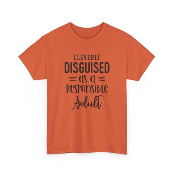 Unisex t-shirt from Twisted Angell with the sarcastic phrase “Cleverly Disguised As A Responsible Adult” printed on the front.