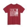 Unisex t-shirt from Twisted Angell with the sarcastic phrase “Gen X: Exhausted, Caffeinated, Nostalgic, Meme Archivist, Mixtape Curator” printed on the front.