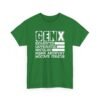 Unisex t-shirt from Twisted Angell with the sarcastic phrase “Gen X: Exhausted, Caffeinated, Nostalgic, Meme Archivist, Mixtape Curator” printed on the front.