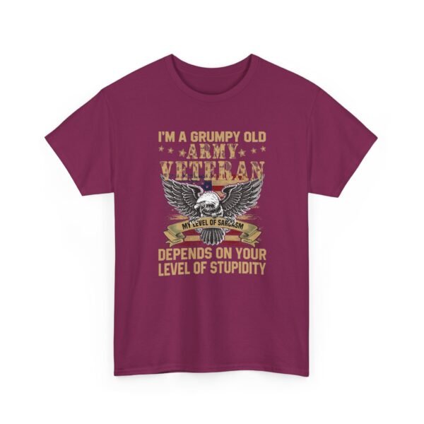 Unisex t-shirt from Twisted Angell with the sarcastic phrase “I'm A Grumpy Old Army Veteran, My Level Of Sarcasm Depends On Your Level Of Stupidity” printed on the front.