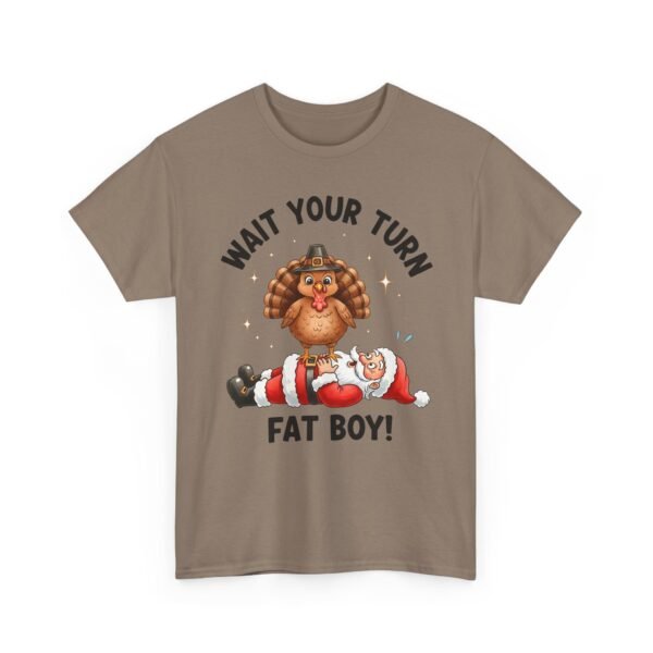 Unisex t-shirt from Twisted Angell with the sarcastic phrase “Wait Your Turn Fat Boy” printed on the front.
