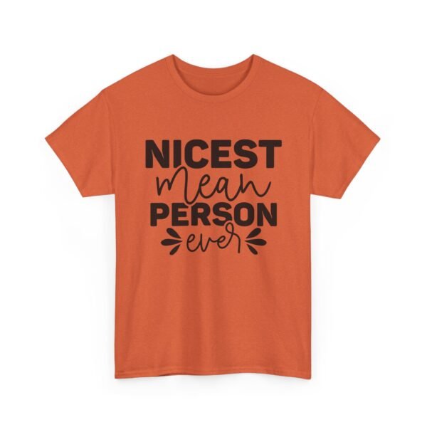 Unisex t-shirt from Twisted Angell with the sarcastic phrase “Nicest Mean Person Ever” printed on the front.