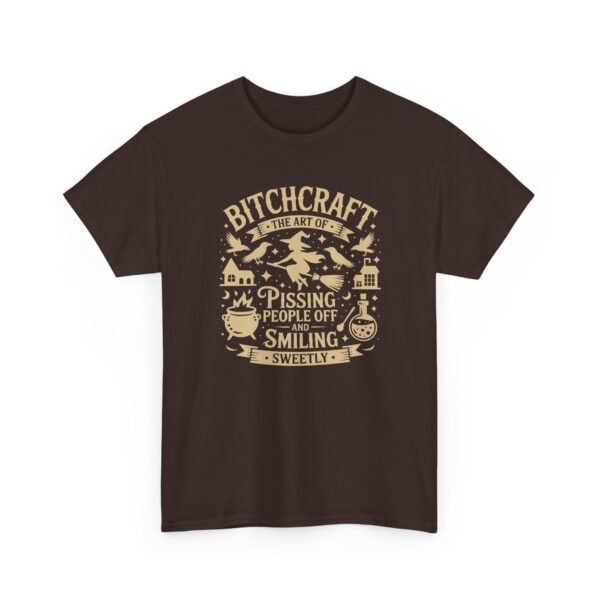 Unisex t-shirt from Twisted Angell with the sarcastic phrase “Bitchcraft, The Art Of Pissing. People Off And Smiling Sweetly” printed on the front.