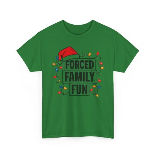 Unisex t-shirt from Twisted Angell with the sarcastic phrase “Forced Family Fun” printed on the front.