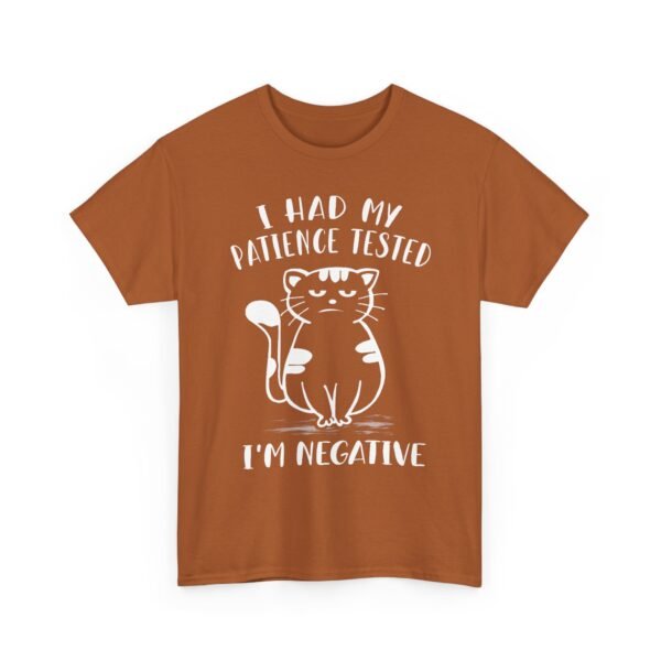 Unisex t-shirt from Twisted Angell with the sarcastic phrase “I Had My Patience Tested, I'm Negative” printed on the front.