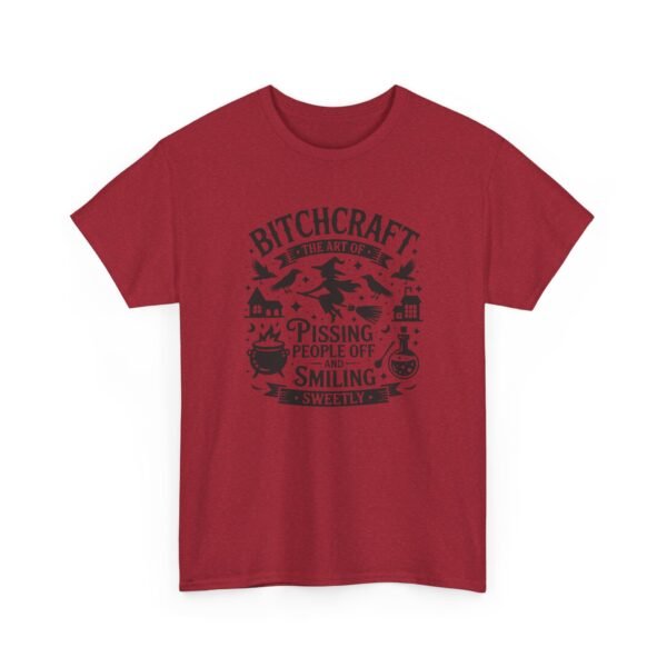Unisex t-shirt from Twisted Angell with the sarcastic phrase “Bitchcraft, The Art Of Pissing People Off And Smiling Sweetly” printed on the front.