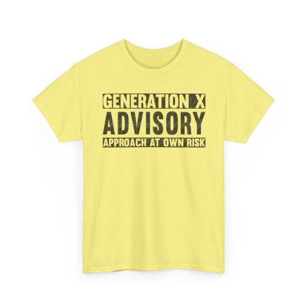 Unisex t-shirt from Twisted Angell with the sarcastic phrase “Generation X Advisory – Approach At Own Risk” printed on the front.