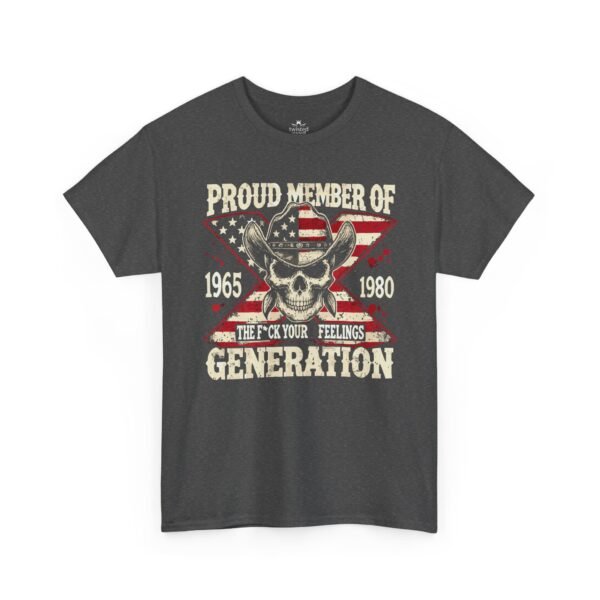 4778741039148688690_2048.jpeg Unisex t-shirt from Twisted Angell with the sarcastic phrase “Proud Member of the 1965–1980 Generation X — Skull & American Flag” printed on the front.
