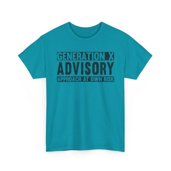Unisex t-shirt from Twisted Angell with the sarcastic phrase “Generation X Advisory – Approach At Own Risk” printed on the front.