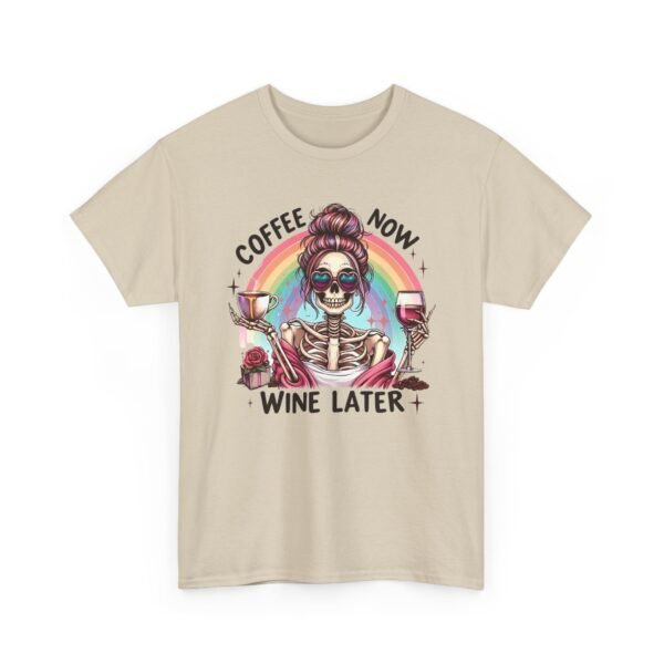 Unisex t-shirt from Twisted Angell with the sarcastic phrase “Coffee Now, Wine Later” printed on the front.