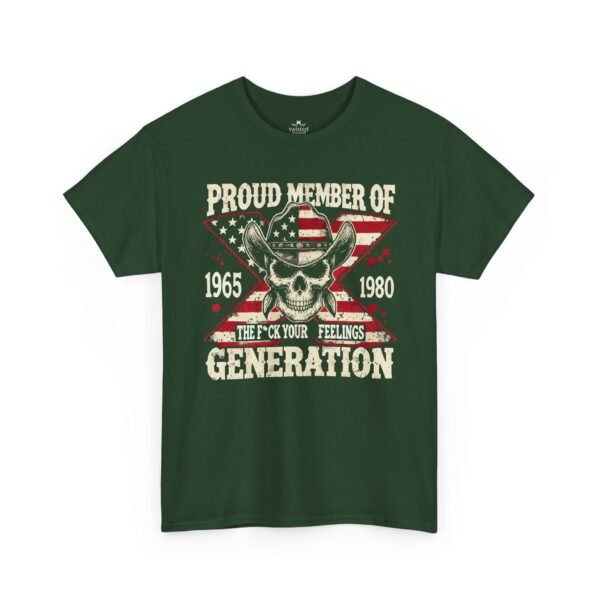 4899121633060197999_2048.jpeg Unisex t-shirt from Twisted Angell with the sarcastic phrase “Proud Member of the 1965–1980 Generation X — Skull & American Flag” printed on the front.