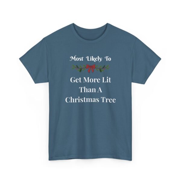 Unisex t-shirt from Twisted Angell with the sarcastic phrase “Most Likely To Get More Lit Than A Christmas Tree” printed on the front.