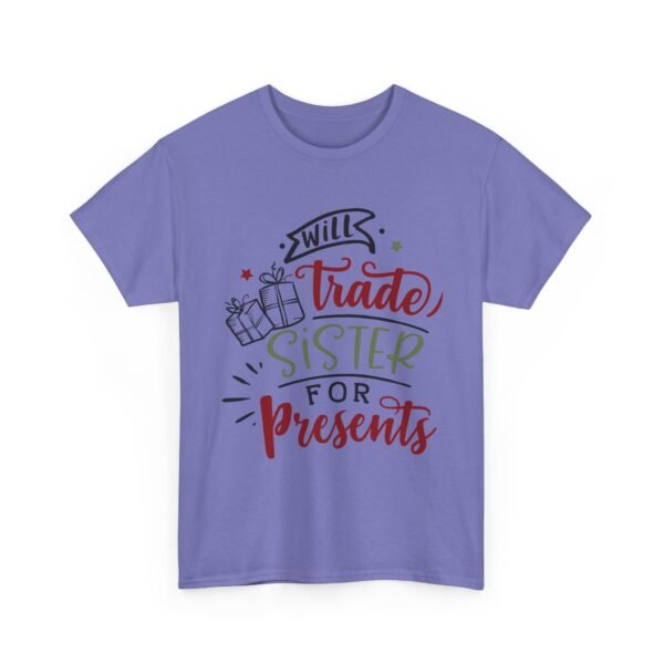 Unisex t-shirt from Twisted Angell with the sarcastic phrase “Will Trade Sister for Presents” printed on the front.