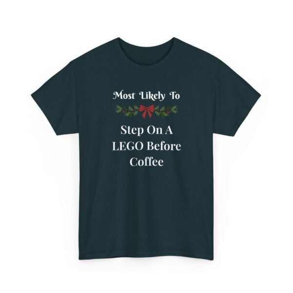 5093556003173564741_2048.jpeg Unisex t-shirt from Twisted Angell with the sarcastic phrase “Most Likely To Step On A LEGO Before Coffee” printed on the front.