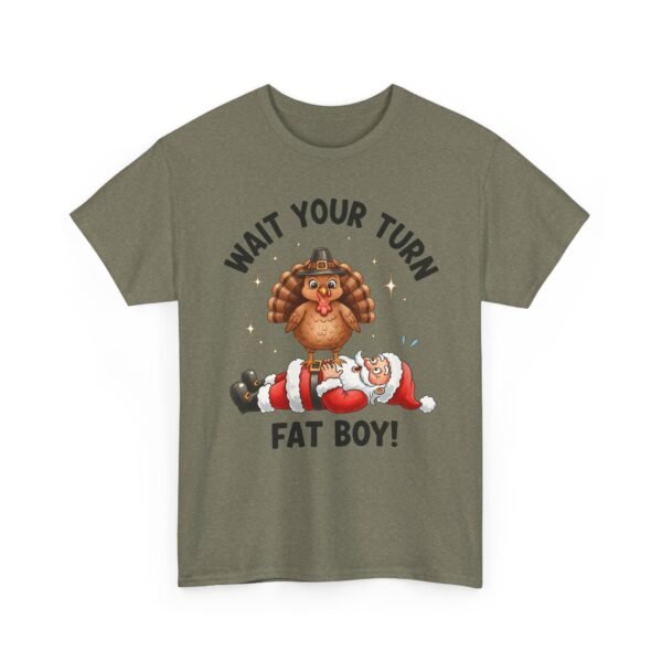 Unisex t-shirt from Twisted Angell with the sarcastic phrase “Wait Your Turn Fat Boy” printed on the front.