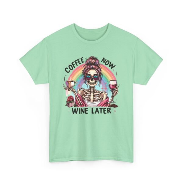 Unisex t-shirt from Twisted Angell with the sarcastic phrase “Coffee Now, Wine Later” printed on the front.